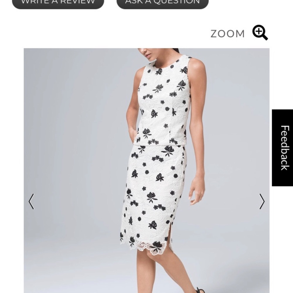 Sleeveless White Lace Sheath Top with Black Floral Embroidery